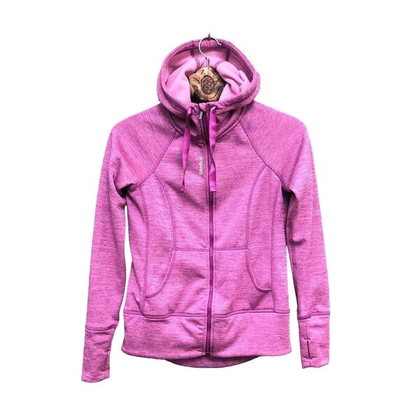 Reebok Zip Front Fleece Lined Active Hooded Sweatshirt Pink Heather Warm Run xs - Picture 1 of 6